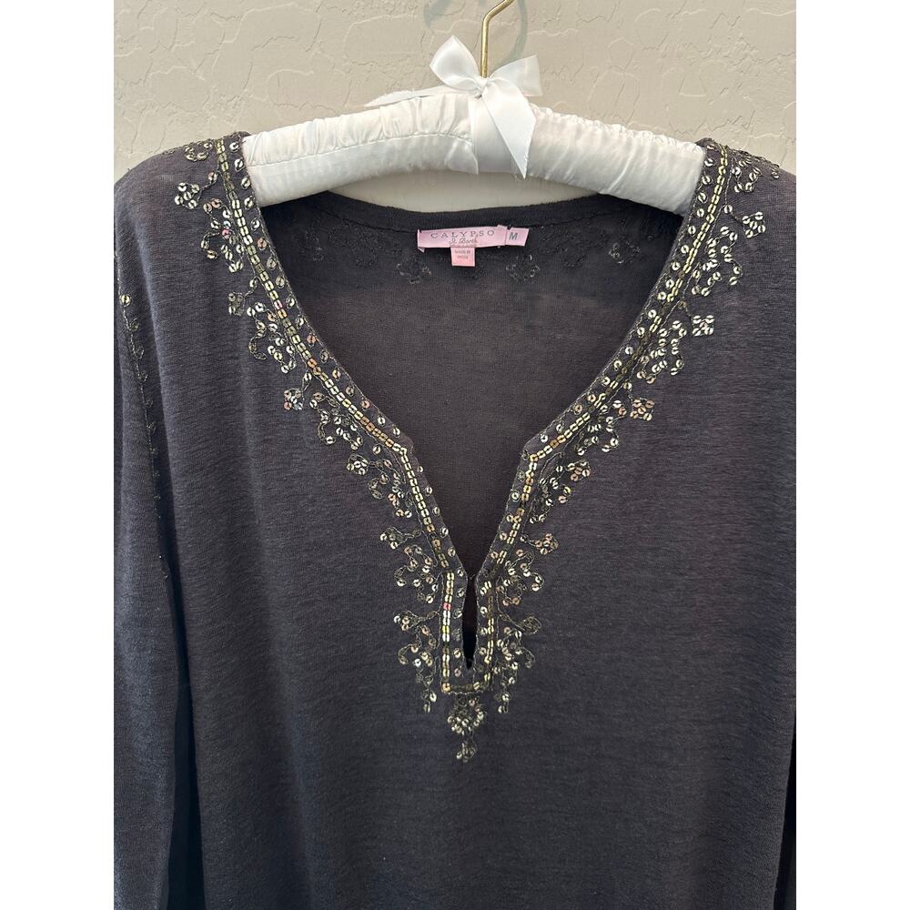 CALYPSO St. Barth 100% Linen Sequin Embellished Tunic Dress Boho Luxe Medium - Picture 4 of 9